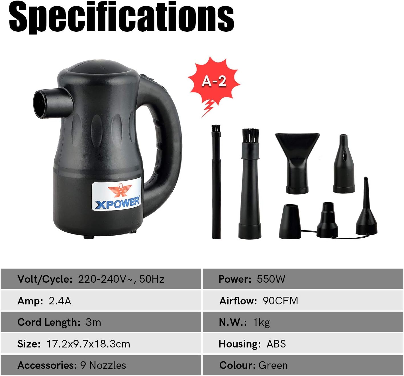 A large marketing image providing additional information about the product XPower Airrow Pro Electric Blower - Black - Additional alt info not provided